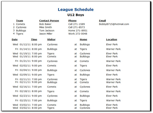 League Scheduler Screen Images